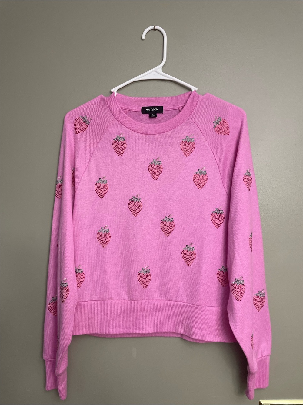 Wildfox Pink Strawberry-Print Rhinestone Crewneck Sweater